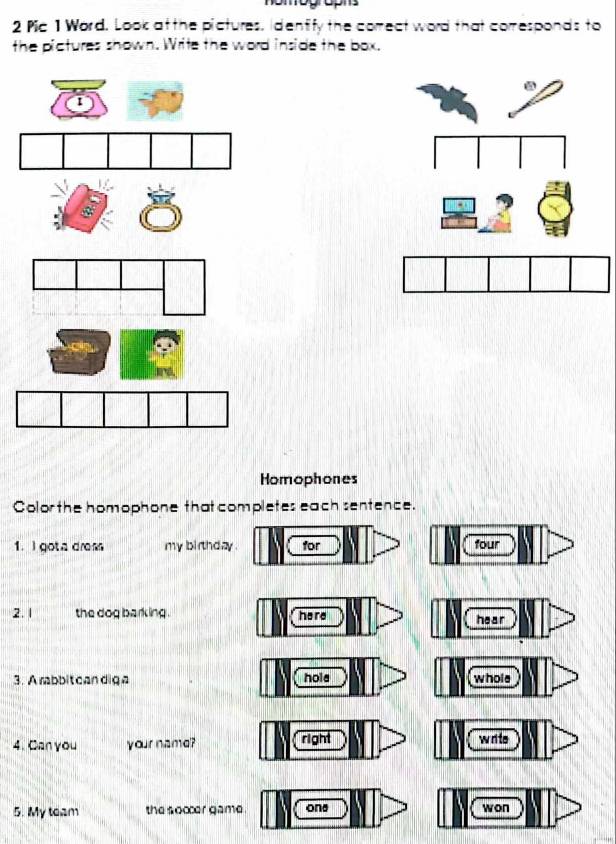 Pic 1 Word. Look at the pictures, Identify the comect word that comesponds to 
the pictures shown. Write the word inside the box. 
1 
. 
Homophones 
Colorthe homophone that completes each sentence. 
1. I gota dress my birthday . for four 
2. 1 the dog barking . here hear 
3. A rabbit candig a hola whols 
4. Can you your name? right write 
5. My toam the soccer game one won