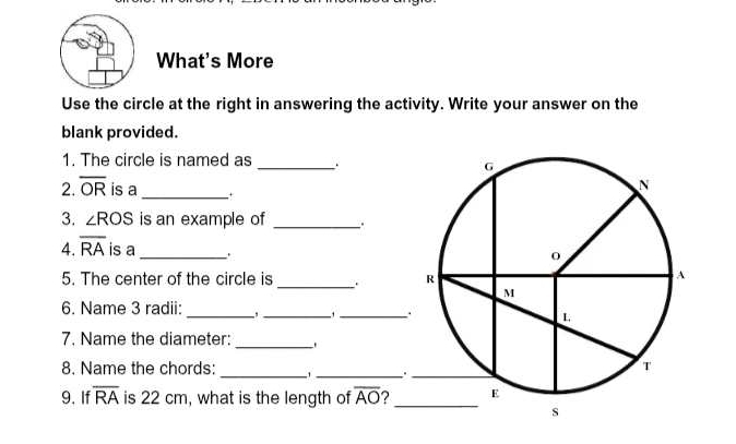 What's More 
Use the circle at the right in answering the activity. Write your answer on the 
blank provided. 
1. The circle is named as _. 
2. overline OR is a_ 
3. ∠ ROS is an example of _. 
4. overline RA is a_ 
5. The center of the circle is _. 
6. Name 3 radii: _,_ −1_ 
7. Name the diameter: 
_ 
8. Name the chords: _'_ 
9. If overline RA is 22 cm, what is the length of overline AO ?