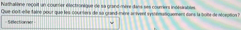 Nathalène reçoit un courrier électronique de sa grand-mère dans ses courriers indésirables. 
Que doit-elle faire pour que les courriers de sa grand-mère arrivent systématiquement dans la boite de réception? 
- Sélectionner -