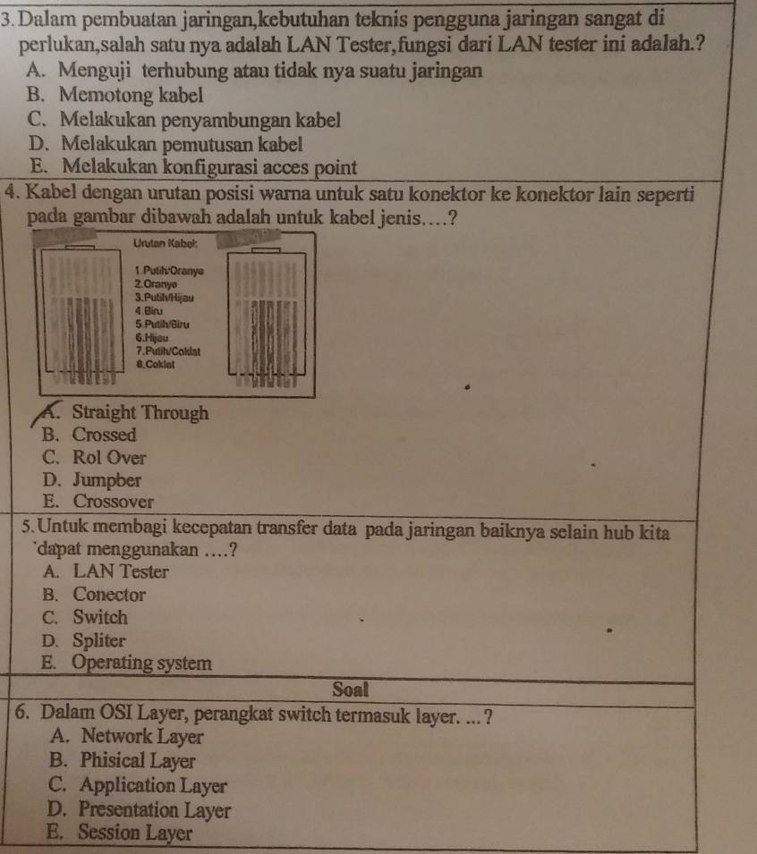 Dalam pembuatan jaringan,kebutuhan teknis pengguna jaringan sangat di
perlukan,salah satu nya adalah LAN Tester,fungsi dari LAN tester ini adalah.?
A. Menguji terhubung atau tidak nya suatu jaringan
B. Memotong kabel
C. Melakukan penyambungan kabel
D. Melakukan pemutusan kabel
E. Melakukan konfigurasi acces point
4. Kabel dengan urutan posisi warna untuk satu konektor ke konektor lain seperti
pada gambar dibawah adalah untuk kabel jenis...?
A. Straight Through
B. Crossed
C. Rol Over
D. Jumpber
E. Crossover
5.Untuk membagi kecepatan transfer data pada jaringan baiknya selain hub kita
dapat menggunakan ....?
A. LAN Tester
B. Conector
C. Switch
D. Spliter
E. Operating system
Soal
6. Dalam OSI Layer, perangkat switch termasuk layer. ... ?
A. Network Layer
B. Phisical Layer
C. Application Layer
D. Presentation Layer
E. Session Layer