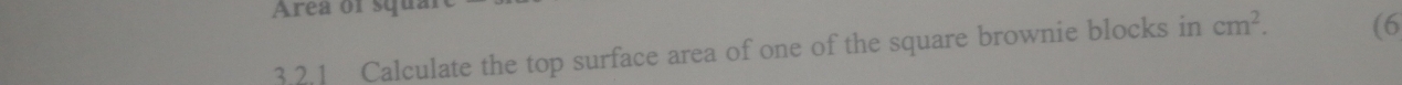 Area of squal 
3.2.1 Calculate the top surface area of one of the square brownie blocks in cm^2. (6