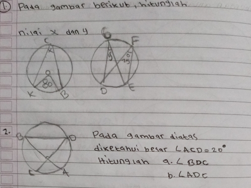 Pada gambar berikub, hitungiah 
nilai x dany 
2.Pada gambar diatas 
dixetahui besar ∠ ACD=20°
Hitung lan 9. ∠ BDC
b. ∠ ADC