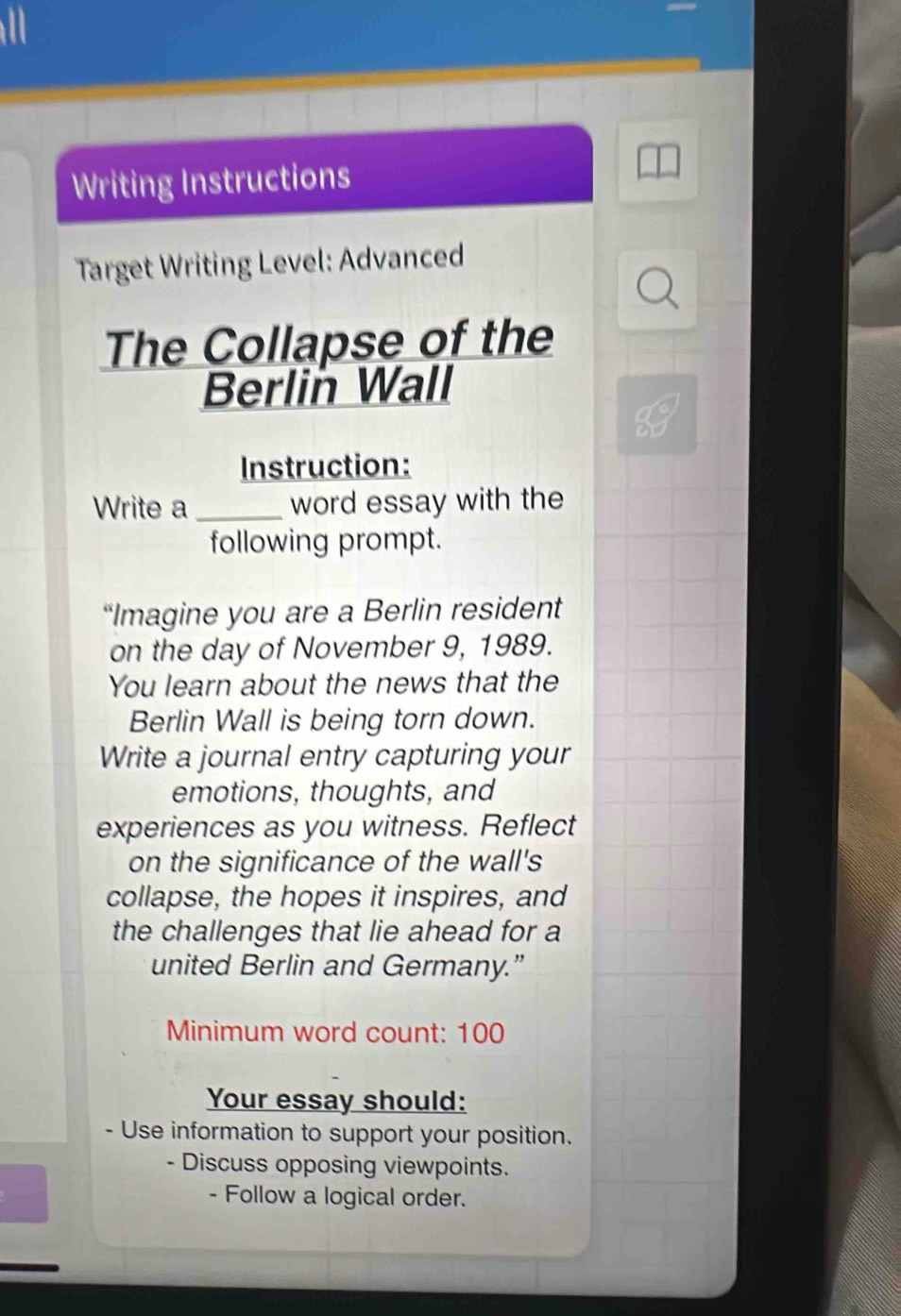 Solved: Writing Instructions Target Writing Level: Advanced The ...