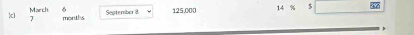 March 6 September 8 125,000
14 % $ 292
c) 7 months
D