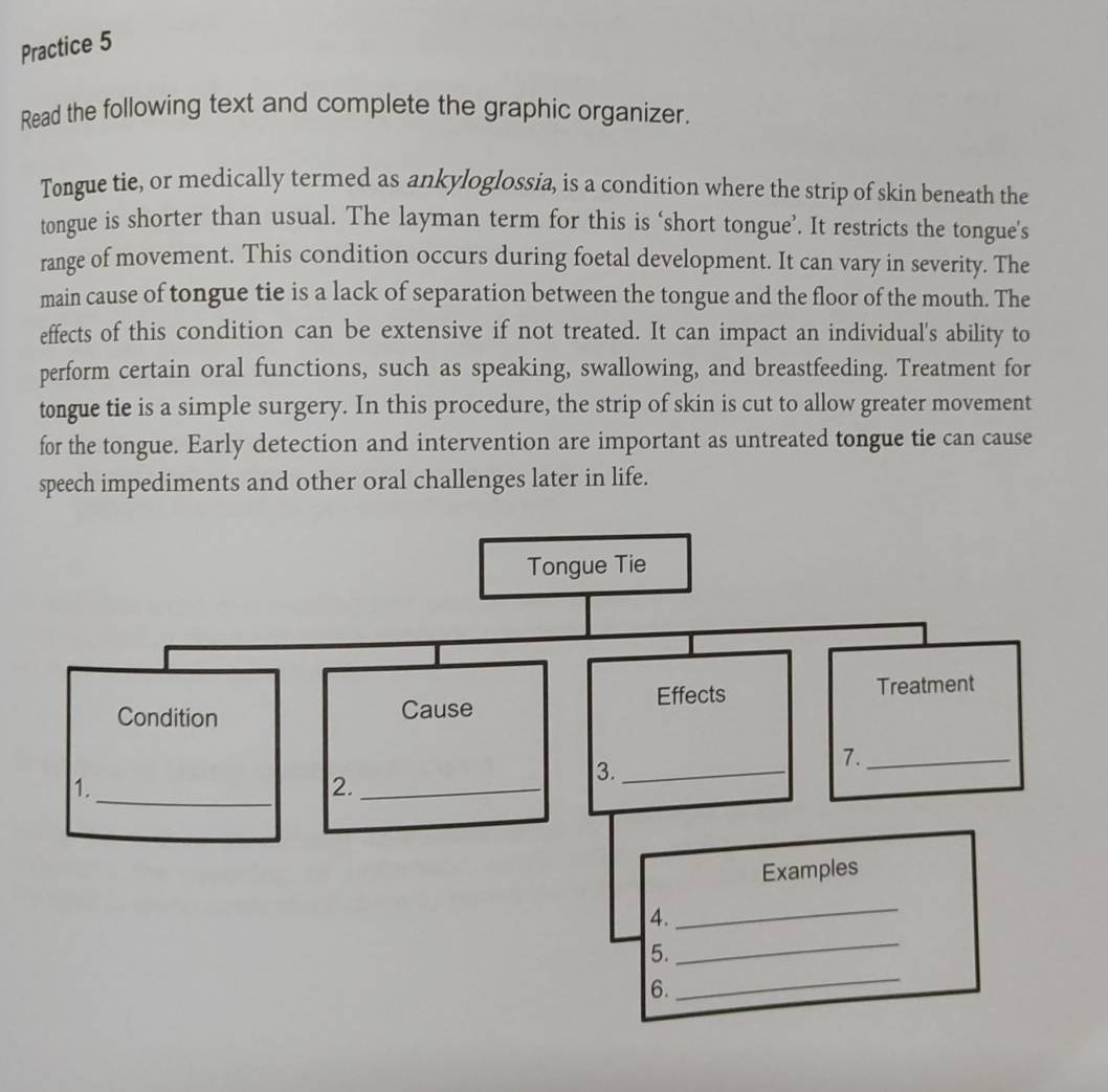 Practice 5 
Read the following text and complete the graphic organizer. 
Tongue tie, or medically termed as ankyloglossia, is a condition where the strip of skin beneath the 
tongue is shorter than usual. The layman term for this is ‘short tongue’. It restricts the tongue's 
range of movement. This condition occurs during foetal development. It can vary in severity. The 
main cause of tongue tie is a lack of separation between the tongue and the floor of the mouth. The 
effects of this condition can be extensive if not treated. It can impact an individual's ability to 
perform certain oral functions, such as speaking, swallowing, and breastfeeding. Treatment for 
tongue tie is a simple surgery. In this procedure, the strip of skin is cut to allow greater movement 
for the tongue. Early detection and intervention are important as untreated tongue tie can cause 
speech impediments and other oral challenges later in life.