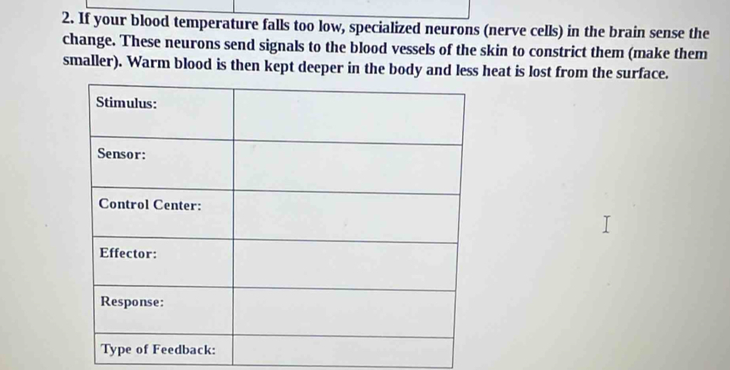 If your blood temperature falls too low, specialized neurons (nerve cells) in the brain sense the 
change. These neurons send signals to the blood vessels of the skin to constrict them (make them 
smaller). Warm blood is then kept deeper in the body and less heat is lost from the surface.