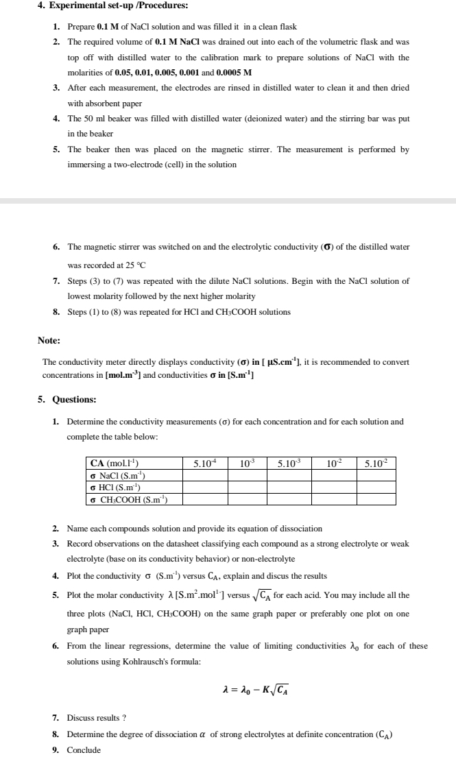 Solved: Experimental set-up /Procedures: 1. Prepare 0.1 M of NaCl ...