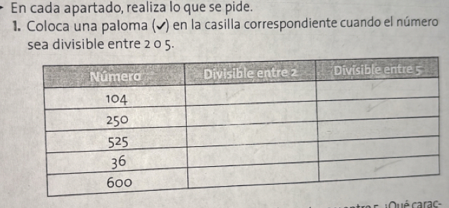 En cada apartado, realiza lo que se pide. 
1. Coloca una paloma (✔) en la casilla correspondiente cuando el número 
sea divisible entre 2 0 5. 
:Qué carac-