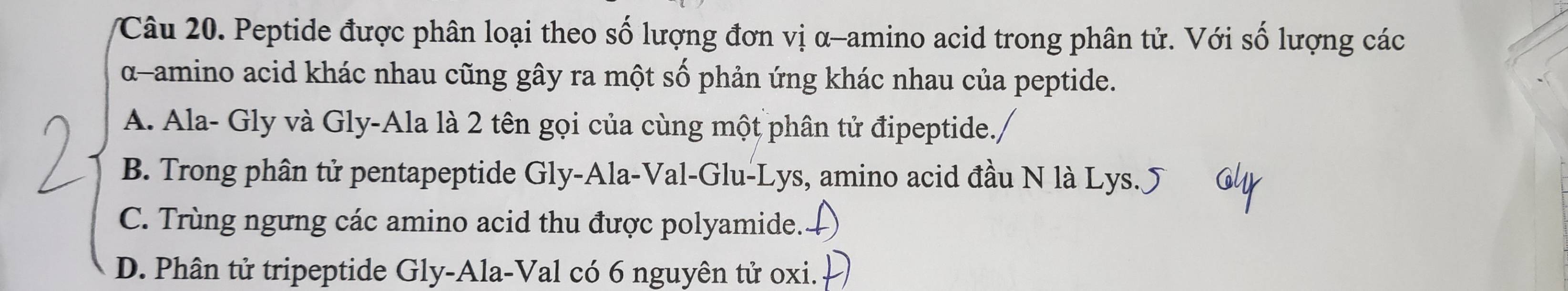 Peptide được phân loại theo số lượng đơn vị α-amino acid trong phân tử. Với số lượng các
α-amino acid khác nhau cũng gây ra một số phản ứng khác nhau của peptide.
A. Ala- Gly và Gly-Ala là 2 tên gọi của cùng một phân tử đipeptide.,
B. Trong phân tử pentapeptide Gly-Ala-Val-Glu-Lys, amino acid đầu N là Lys.J
C. Trùng ngưng các amino acid thu được polyamide.
D. Phân tử tripeptide Gly-Ala-Val có 6 nguyên tử oxi.