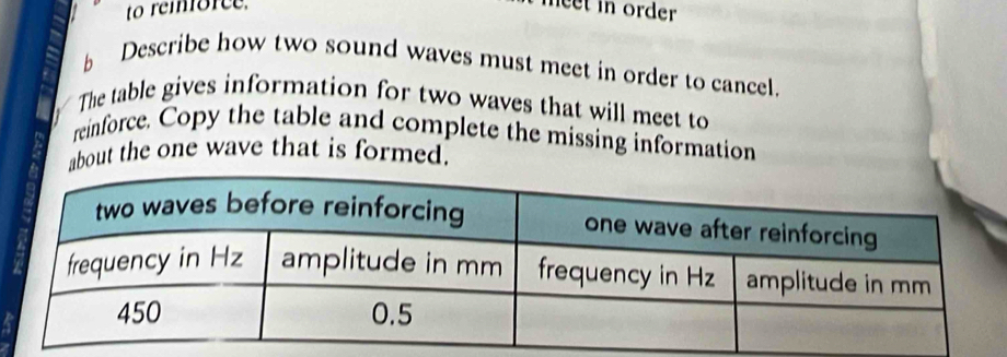 to reiforce. 
meet in order 
Describe how two sound waves must meet in order to cancel. 
The table gives information for two waves that will meet to 
reinforce. Copy the table and complete the missing information 
about the one wave that is formed.