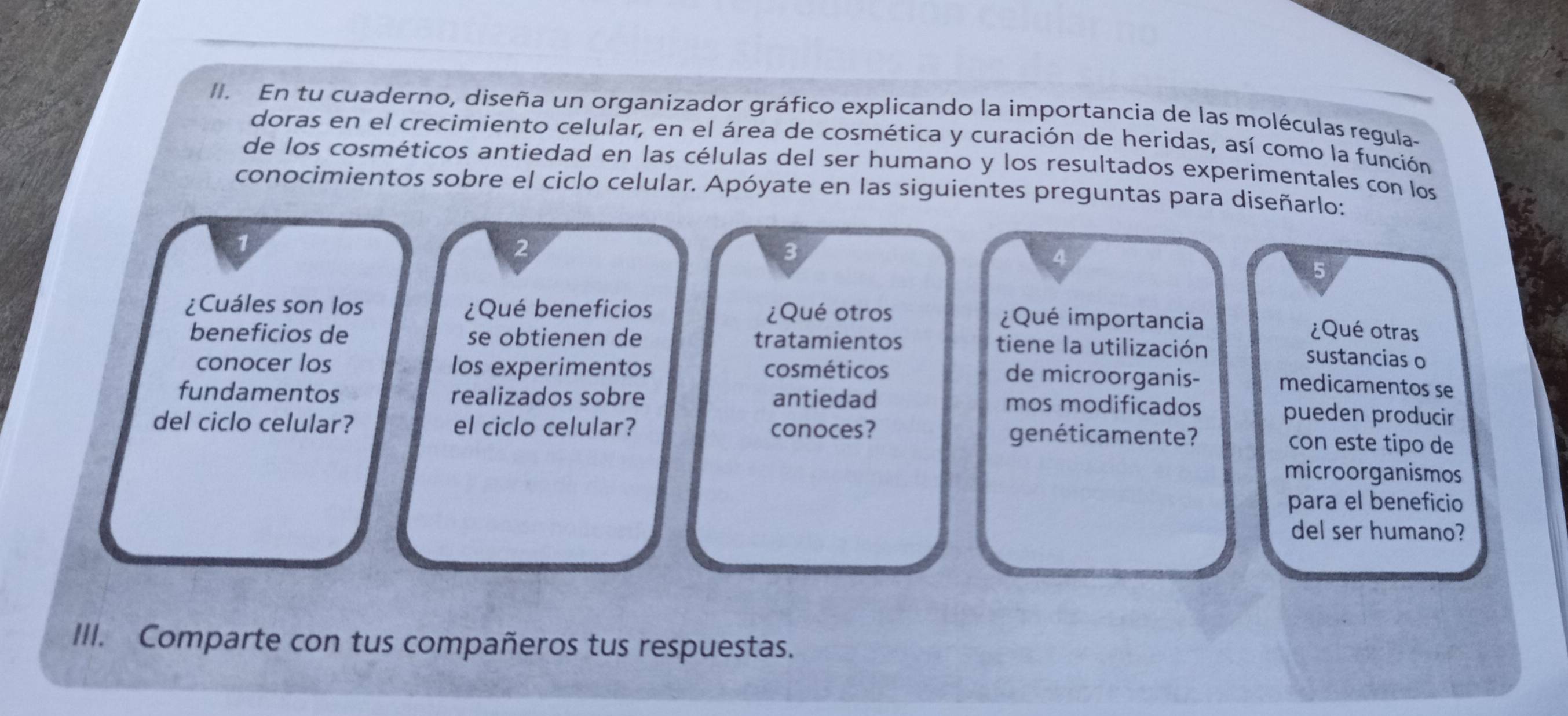 En tu cuaderno, diseña un organizador gráfico explicando la importancia de las moléculas regula- 
doras en el crecimiento celular, en el área de cosmética y curación de heridas, así como la función 
de los cosméticos antiedad en las células del ser humano y los resultados experimentales con los 
conocimientos sobre el ciclo celular. Apóyate en las siguientes preguntas para diseñarlo: 
2 
3 
a 
5 
¿Cuáles son los ¿Qué beneficios ¿Qué otros ¿Qué importancia 
¿Qué otras 
beneficios de se obtienen de tratamientos tiene la utilización sustancias o 
conocer los los experimentos cosméticos de microorganis- medicamentos se 
fundamentos realizados sobre antiedad mos modificados pueden producir 
del ciclo celular? el ciclo celular? conoces? genéticamente? con este tipo de 
microorganismos 
para el beneficio 
del ser humano? 
III. Comparte con tus compañeros tus respuestas.