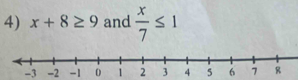 x+8≥ 9 and  x/7 ≤ 1
-3