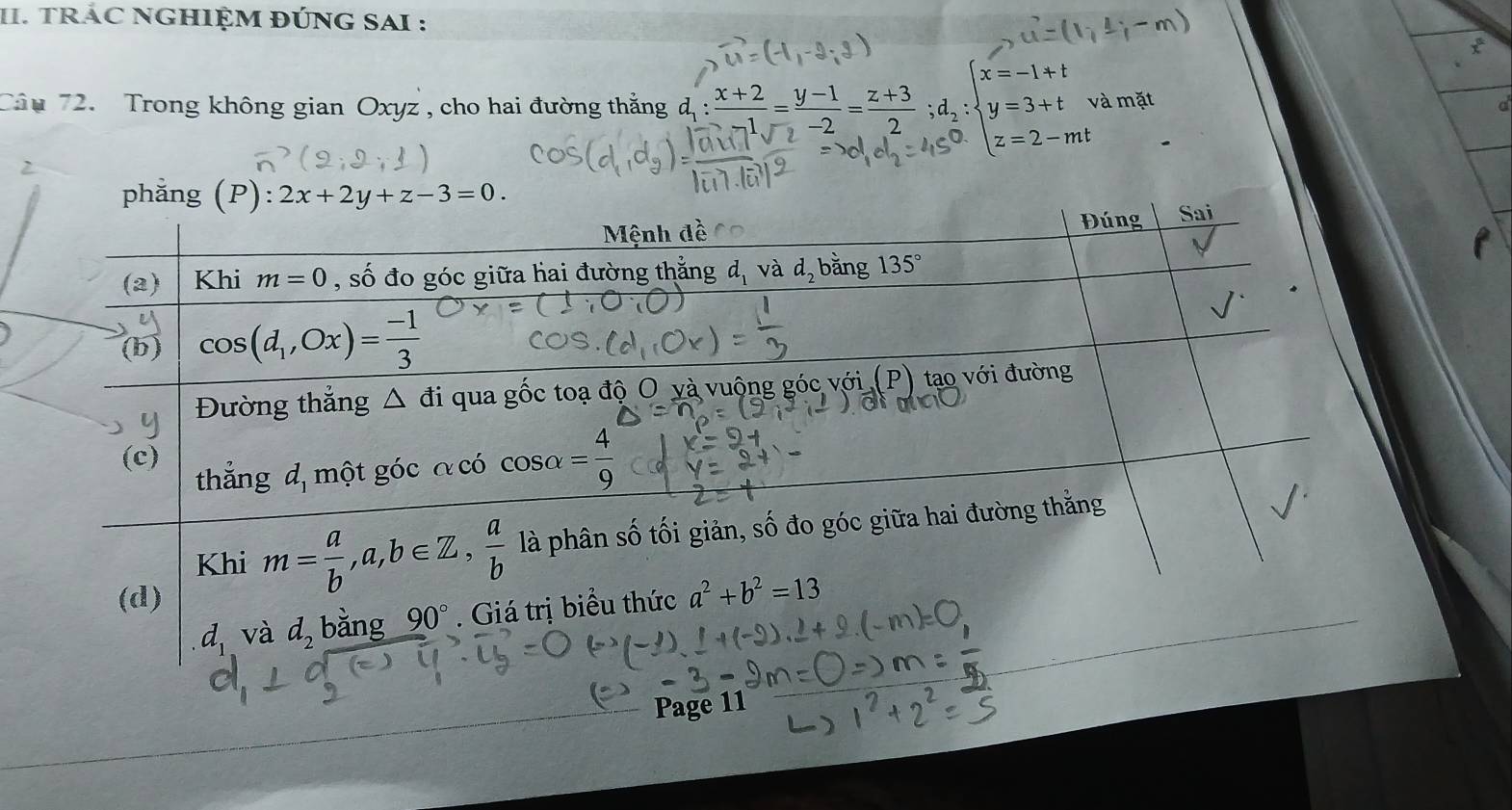 TRÁC NGHIỆM ĐÚNG SAI :
  
Câu 72. Trong không gian Oxyz , cho hai đường thẳng đ : d_1: (x+2)/-1 = (y-1)/-2 = (z+3)/2 ; ;d_1:beginarrayl x=-1+t y=3+t z=2-mtendarray. và mặt
2
d_1 và d_2
Page 11