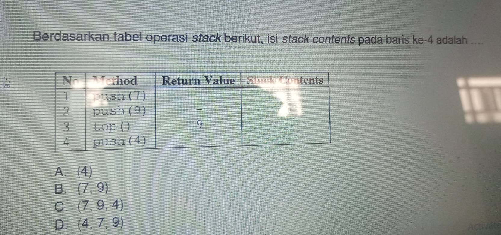Solved: Berdasarkan tabel operasi stack berikut, isi stack contents ...