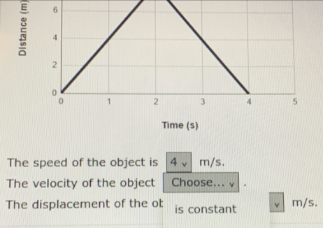 The speed of the object is 4 m/s. 
The velocity of the object Choose... v . 
The displacement of the ot is constant m/s.