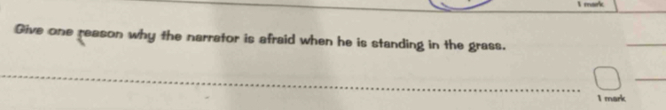 mark 
Give one reason why the narrator is afraid when he is standing in the grass. 
_ 
_ 
_ 
I mark