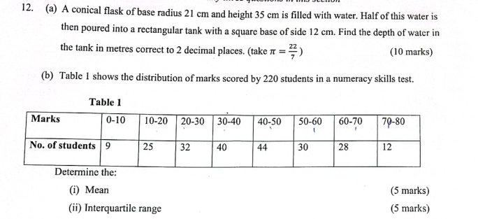 A conical flask of base radius 21 cm and height 35 cm is filled with water. Half of this water is 
then poured into a rectangular tank with a square base of side 12 cm. Find the depth of water in 
the tank in metres correct to 2 decimal places. (take π = 22/7 ) (10 marks) 
(b) Table 1 shows the distribution of marks scored by 220 students in a numeracy skills test. 
Table 1 
(i) Mean (5 marks) 
(ii) Interquartile range (5 marks)