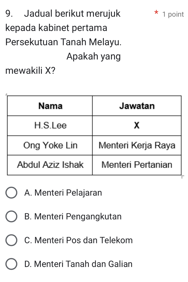 Jadual berikut merujuk 1 point
kepada kabinet pertama
Persekutuan Tanah Melayu.
Apakah yang
mewakili X?
A. Menteri Pelajaran
B. Menteri Pengangkutan
C. Menteri Pos dan Telekom
D. Menteri Tanah dan Galian