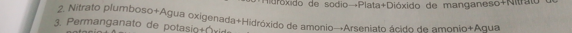 Hidróxido de sodio→Plata+Dióxido de manganeso+Nitrato 
2. Nitrato plumboso+Agua oxigenada+Hidróxido de amonio→Arseniato ácido de amonio+Agua 
3. Permanganato de potasio+Óxio