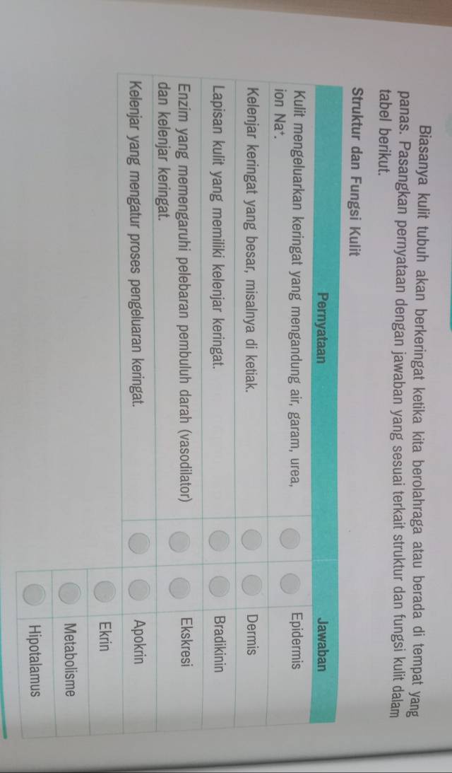 Biasanya kulit tubuh akan berkeringat ketika kita berolahraga atau berada di tempat yang 
panas. Pasangkan pernyataan dengan jawaban yang sesuai terkait struktur dan fungsi kulit dalam 
tabel berikut. 
Struktur dan Fungsi 
Metabolisme 
Hipotalamus