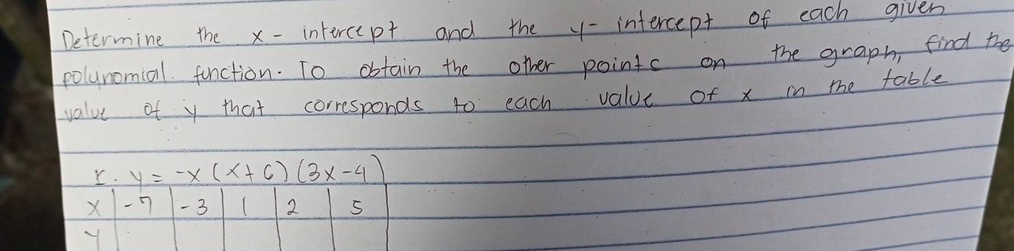 Determine the x - intercept and the y - intercept of each given 
polynomial function. To obtain the other points on the graph, find the 
value of y that corresponds to each value of x in the table 
r y=-x(x+6)(3x-4)
X 7 - 3 2 5