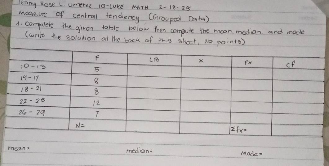 Jenny Rose L. Umerer 10-LUKE MATH 2-18· 25
measure of central tendency (Grouped Data)
1. complete the given table below then compute the mean, median, and made
(write the solution at the back of thig shect, No points)
mean= median= Made=