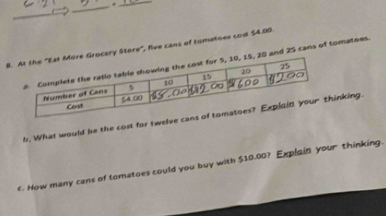 locery Store'', five cans of tomatoes cost $4.00
0 and 25 cans of tomatoes. 
b, What would be the cost for twelvinking. 
s. How many cans of tomatoes could you buy with $10.00? Explain your thinking.