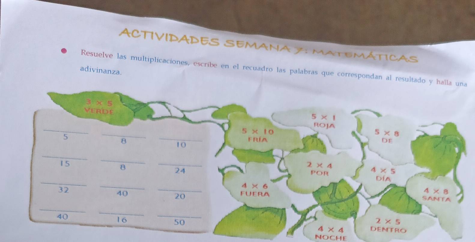 ACTIVIDADES SEMANA MATEMÁTICAS
Resuelve las multiplicaciones, escribe en el recuadro las palabras que correspondan al resultado 
adivinanza.
NOCHE