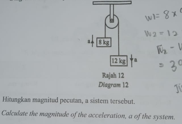 Diagram 12 
Hitungkan magnitud pecutan, a sistem tersebut. 
Calculate the magnitude of the acceleration, a of the system.