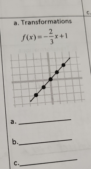 Transformations
f(x)=- 2/3 x+1
a. 
_ 
b. 
_ 
C. 
_