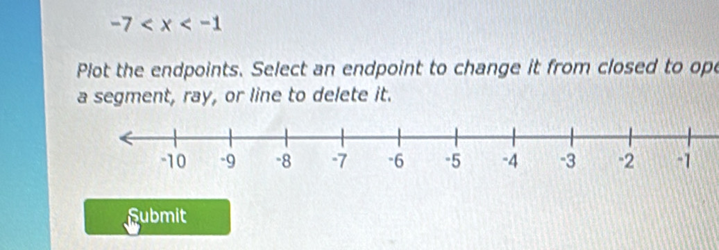 -7
Plot the endpoints. Select an endpoint to change it from closed to ope 
a segment, ray, or line to delete it. 
Submit