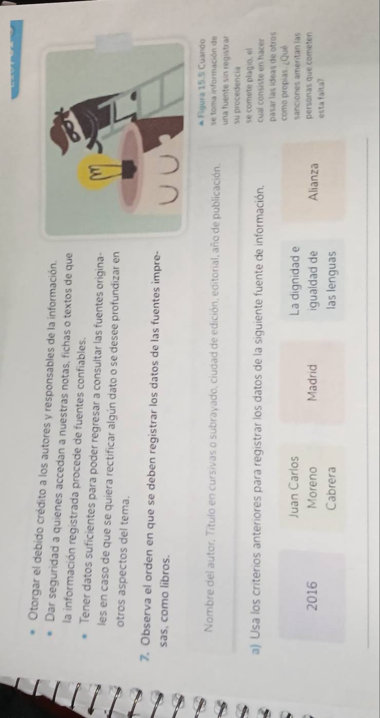 Otorgar el debido crédito a los autores y responsables de la información.
Dar seguridad a quienes accedan a nuestras notas, fichas o textos de que
la información registrada procede de fuentes confiables.
Tener datos suficientes para poder regresar a consultar las fuentes origina-
les en caso de que se quiera rectificar algún dato o se desee profundizar en
otros aspectos del tema.
7. Observa el orden en que se deben registrar los datos de las fuentes impre-
sas, como libros.
* Figura 15.5 Cuando
Nombre del autor, Título en cursivas o subrayado, ciudad de edición, editorial, año de publicación. se toma información de
una fuente sin registrar
su procedencia
se comete plagio, el
a) Usa los criterios anteriores para registrar los datos de la siguiente fuente de información. cual consiste en hacer
pasar las ideas de otros
como propias. ¿Qué
Juan Carlos La dignidad e sanciones ameritan las
2016 Moreno Madrid igualdad de Alianza esta falta? personas que cometen
Cabrera las lenguas