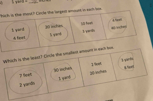 ) 1 yard = _ inches
h each box. 1