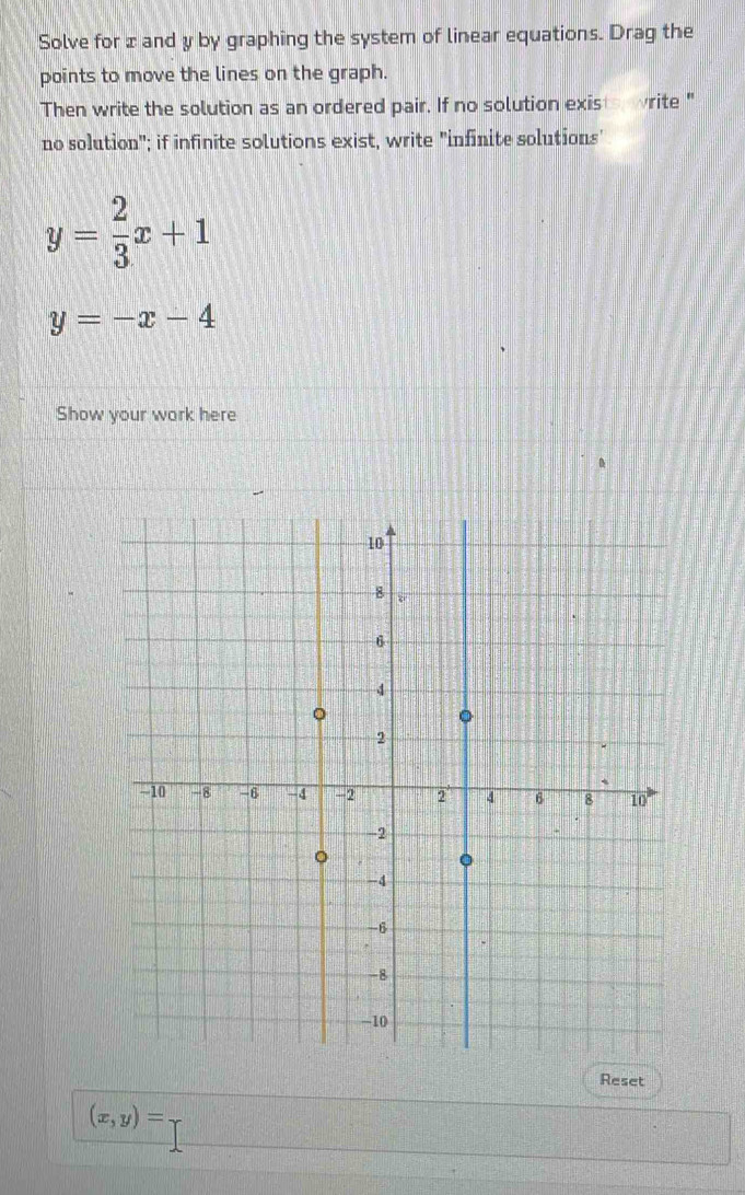 Solve for x and y by graphing the system of linear equations. Drag the
points to move the lines on the graph.
Then write the solution as an ordered pair. If no solution existwrite "
no solution"; if infinite solutions exist, write "infinite solutions'
y= 2/3 x+1
y=-x-4
Show your work here
Reset
(x,y)=