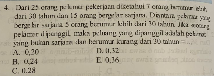 Dari 25 orang pelamar pekerjaan diketahui 7 orang berumur lebih
dari 30 tahun dan 15 orang bergelar sarjana. Diantara pelamar yang
bergelar sarjana 5 orang berumur lebih dari 30 tahun. Jika seorang
pelamar dipanggil, maka peluang yang dipanggil adalah pelamar
yang bukan sarjana dan berumur kurang dari 30 tahun = ._
A. 0, 20 D. 0, 32
B. 0, 24 E. 0,36
C. 0,28