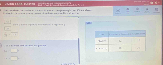 PROPORTIONAL AND LINEAR RELATIONSHIPS Welcome. Camen! 
LEARN ZONE: MASTER Block 1 > Topic 2 > Lesson 2: Compare Greups Using Percens Lasot 
The table shows the number of students interested in engineering in two different classes. CUM Erpos 
Find which class has a greater percent of students interested in engineering.
_ 12 of the students in physics are interested in engineering. rable 
□ 
20
 12/20 =0.6
( STEP 3 : Express each decimal as a percent.
0.6=□ %
0.6=□ %
Ö£et StEp 5