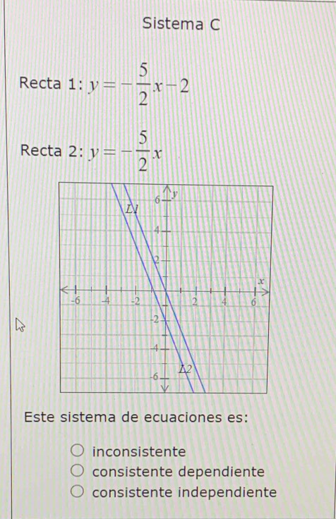 Sistema C
Recta 1:y=- 5/2 x-2
Recta 2:y=- 5/2 x
Este sistema de ecuaciones es:
inconsistente
consistente dependiente
consistente independiente