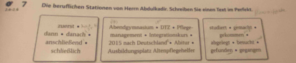 Die beruflichen Stationen von Herrn Abdulkadir. Schreiben Sie einen Text im Perfekt. 
zuerst Abendgymnasium • DTZ • Pflege- studiert · gemacht . 
dann • danach management • Integrationskurs gekommen 
anschließend 2015 nach Deutschland • Abitur • abgelegt • besucht · 
schließlich Ausbildungsplatz Altenpflegehelfer gefunden • gegangen