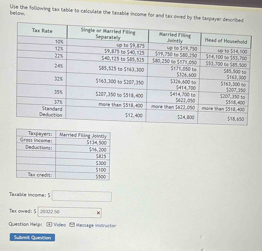 below. 
Use the following tax table to calculate the taxable income for and tax owed by the taxpa 
Taxable income: $ □
Tax owed: $ 20322.50 □ 
Question Help: Video Message instructor 
Submit Question