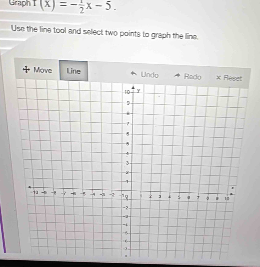 Graph f(x)=- 1/2 x-5. 
Use the line tool and select two points to graph the line. 
Move Line Undo