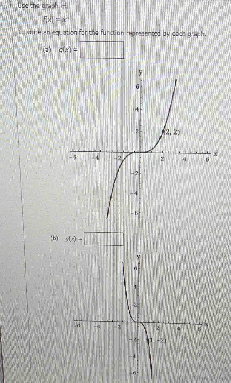 Use the graph of
f(x)=x^3
to write an equation for the function represented by each graph.
(a) g(x)=□
(b) g(x)=□