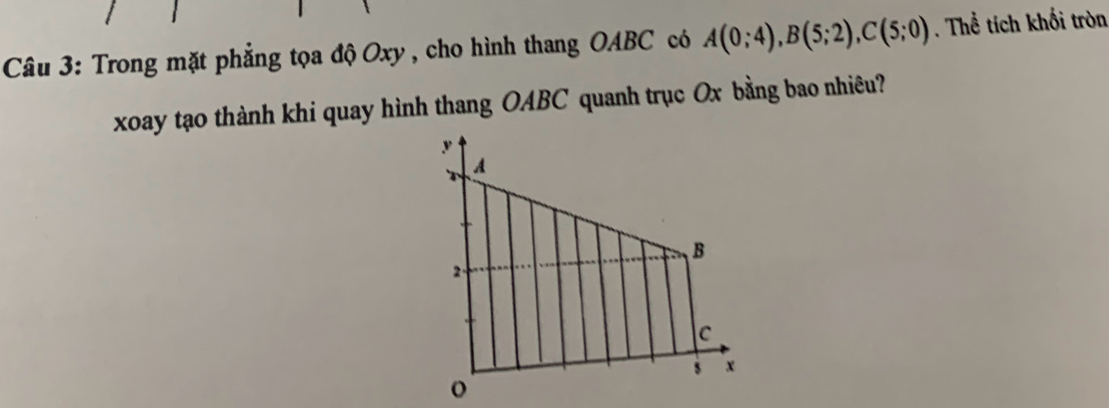 Trong mặt phẳng tọa độ Oxy , cho hình thang OABC có A(0;4), B(5;2), C(5;0). Thể tích khối tròn 
xoay tạo thành khi quay hình thang OABC quanh trục Ox bằng bao nhiêu?
y
A
B
2
c
s x
o