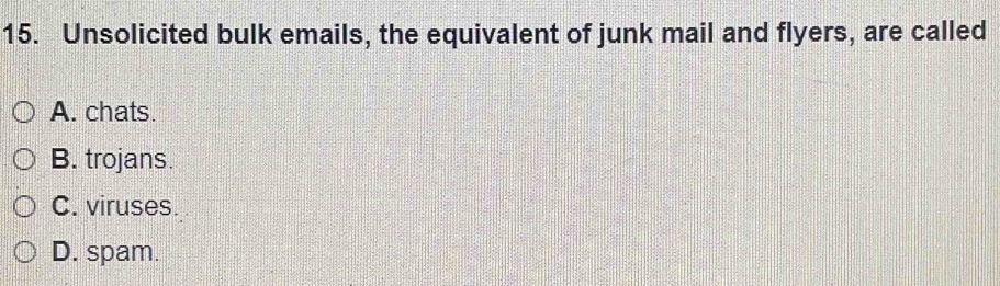 Unsolicited bulk emails, the equivalent of junk mail and flyers, are called
A. chats.
B. trojans.
C. viruses.
D. spam.