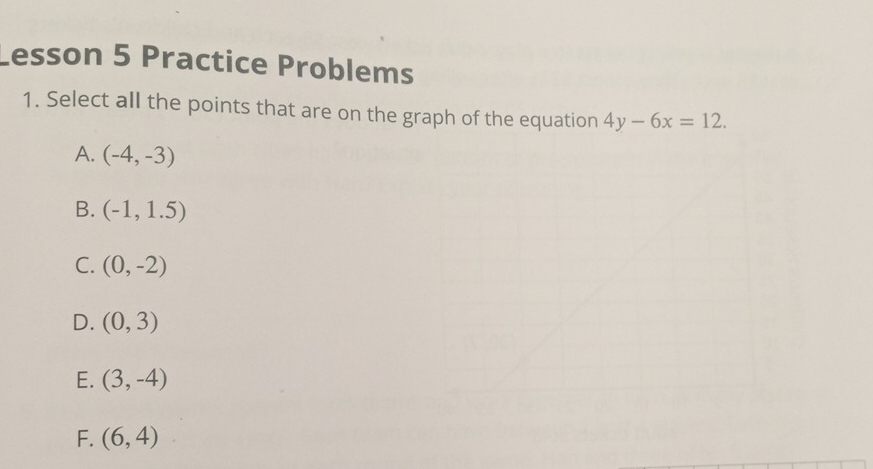 Lesson 5 Practice Problems
1. Select all the points that are on the graph of the equation 4y-6x=12.
A. (-4,-3)
B. (-1,1.5)
C. (0,-2)
D. (0,3)
E. (3,-4)
F. (6,4)