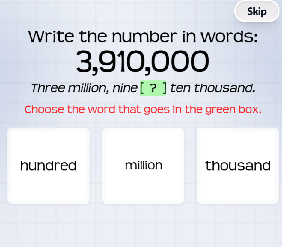 Skip
Write the number in words:
3,910,000
Three million, nine[ ? ]ten thousand.
Choose the word that goes in the green box.
hundred million thousand