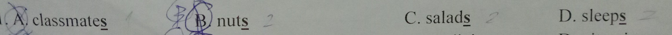 A. classmates B nuts C. salads
D. sleeps