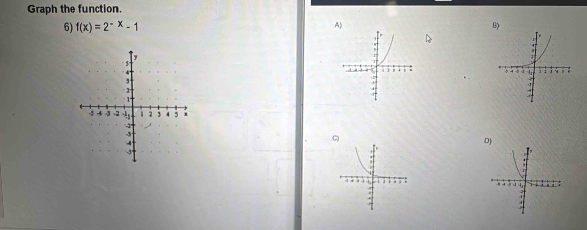 Graph the function. 
6) f(x)=2^(-x)-1