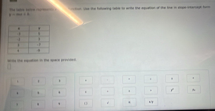 The table below represents= unction. Use the following table to write the equation of the line in slope-intercept form
y=mx+b
Write the equation in the space provided. 
‘ 
、 
. 
. +
y ' 
4 、 6 . yo 
? a 9 ( ) √ n x / y