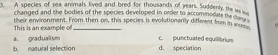 A species of sea animals lived and bred for thousands of years. Suddenly, the sea leve
changed and the bodies of the species developed in order to accommodate the change in
their environment. From then on, this species is evolutionarily different from its ancestors 1
This is an example of_
..
a. gradualism c. punctuated equilibrium
b. natural selection d. speciation