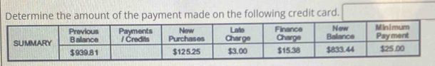 Determine the amount of the payment made on the following credit card. 
S